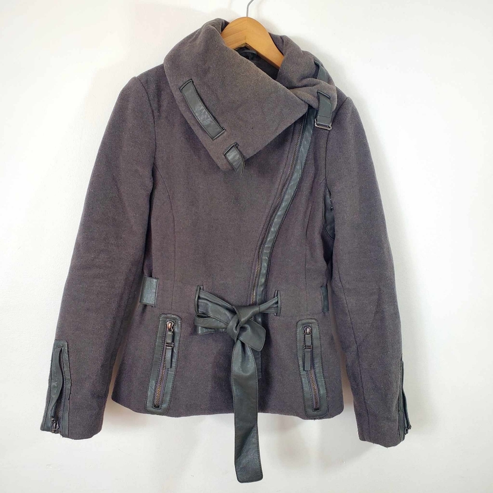 RUDSAK Wool Leather Lores Belted Winter Peacoat Gray Asymmetrical Collar
